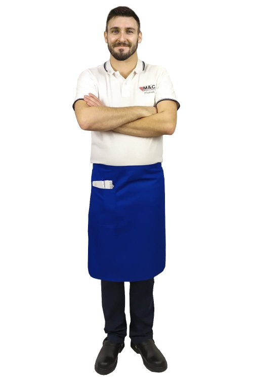 Modrá čašnícka zástera dĺžky 60 cm