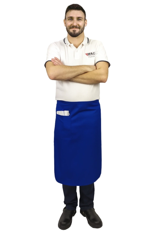 Modrá čašnícka zástera dĺžky 75 cm