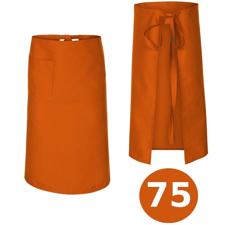 Dlhá kuchárska zástera v oranžovej farbe.
