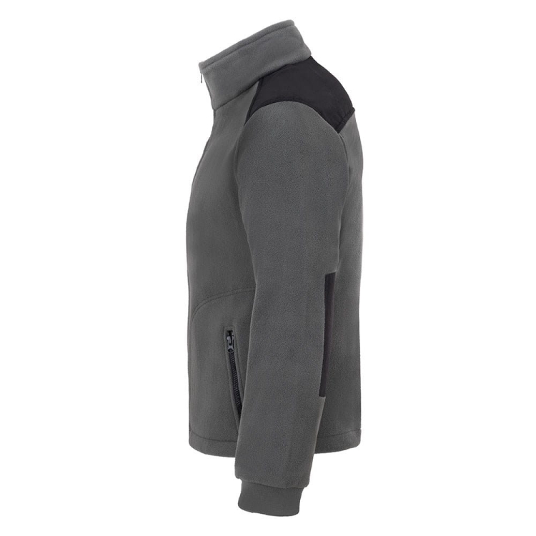 Fleece mikina s čiernymi vsadkami v sivej farbe.