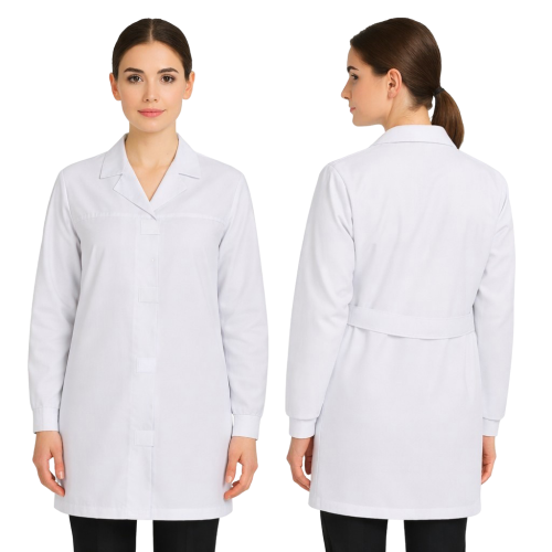 Fartuch laboratoryjny medyczny damski zapinany na rzepy rekaw długi kolor biały widok z boku.png