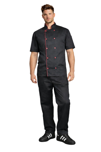 Zestaw dla kucharza – profesjonalny uniform gastronomiczny czarny z bordową lamówką