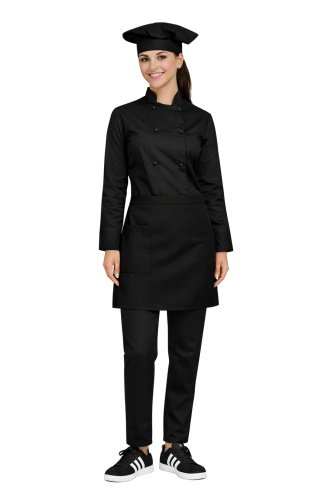 Kompletny uniform kucharski, damski zestaw kucharski,czarny  ,długi rękaw
