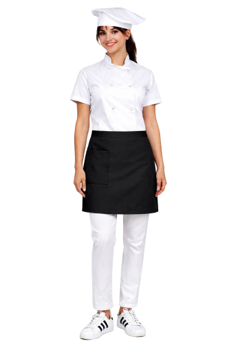 Zestaw kucharski damski biały z krótkim rękawem zapaską czarna , uniform kucharski kompletny