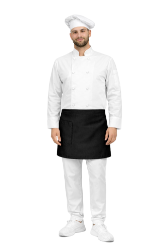 Zestaw  kucharski,  długi rękaw ,czarna    zapska i biała  czapka ,zapinany na guziki