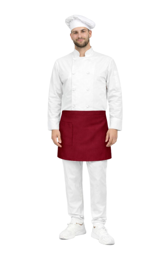 Zestaw  kucharski,  długi rękaw ,bordowa   zapska i biała  czapka ,zapinany na guziki.png