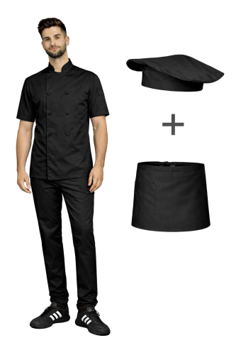 Uniform kucharza z krótkim rękawem – zestaw gastronomiczny czarny z czarną  zapaską
