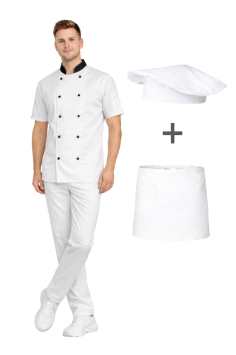 Uniform kucharza z krótkim rękawem – zestaw gastronomiczny czarne wstawki ,biała zapaska.png