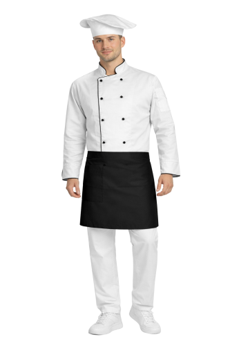 Gastronomiczny zestaw kucharza – uniform szkolny biały z czarną lamówką i czarną zapaską