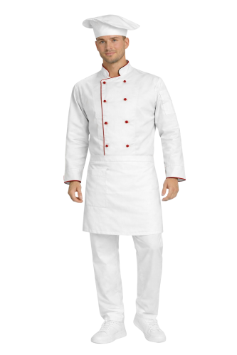 Gastronomiczny zestaw kucharza – uniform szkolny biały z bordową  lamówką i białą    zapaską.png