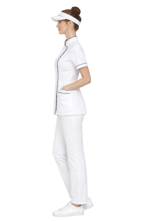 Uniform kucharski  zapinany na zatrzaski w kolorze białym  z granatową lamówką krótki rekaw.png