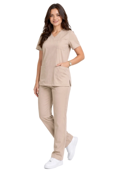 Klasický dámsky lekársky set jednoduchého strihu v béžovej farbe - scrubs CASUAL PREMIUM