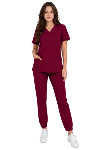 Komplet medyczny damski bordowy  – scrubs CASUAL PREMIUM-przód.png