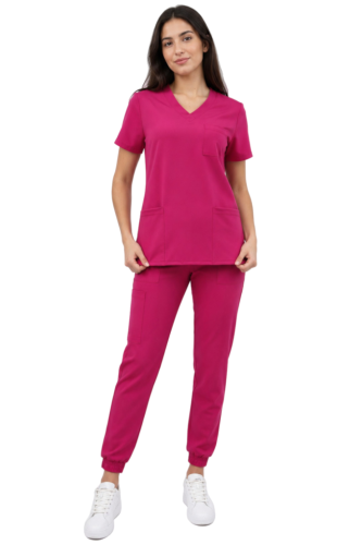Komplet medyczny damski amarantowy   – scrubs CASUAL PREMIUM-przód.png